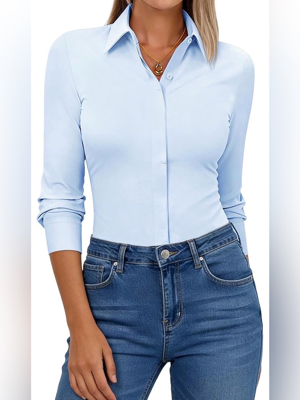 Women's Light Blue Stretch Button-Front Shirt